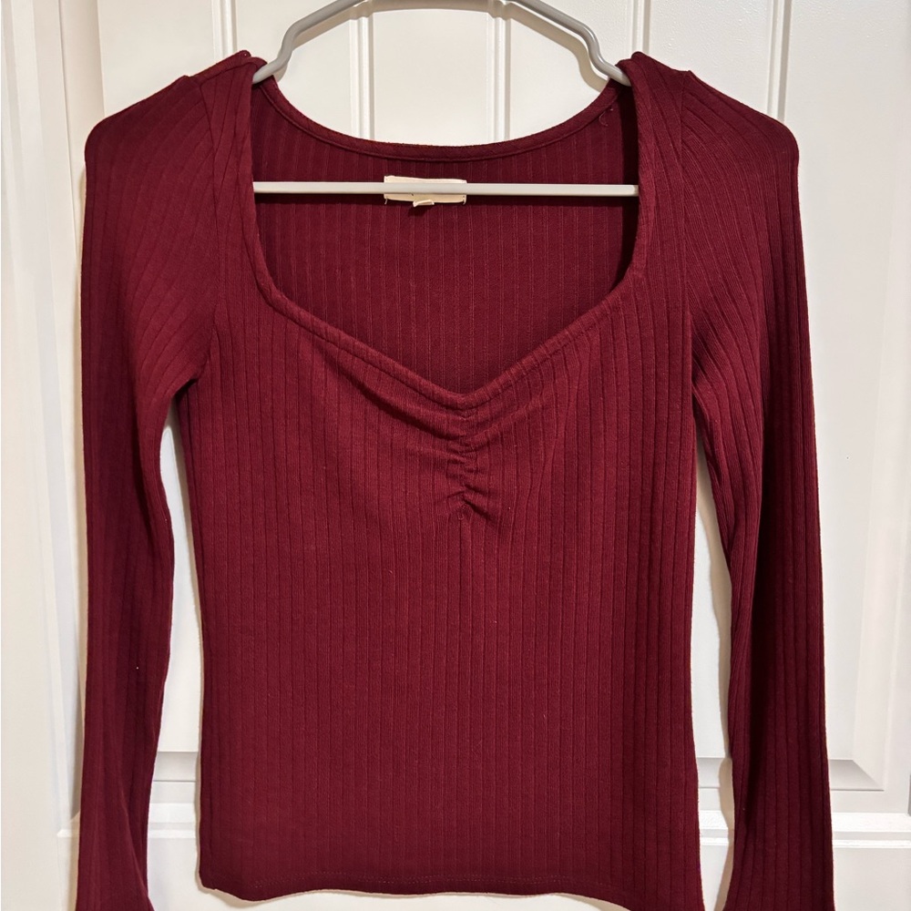 Madewell Red Ribbed Ruched Long Sleeve Blouse